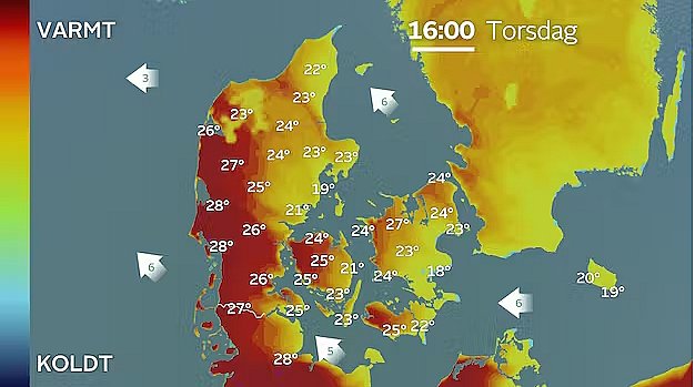 Forventet maksimumtemperaturer torsdag. Op omkring 28 grader.