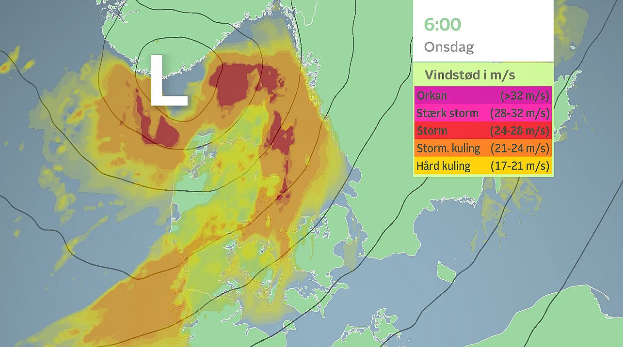 Prognose af vindstød onsdag morgen.