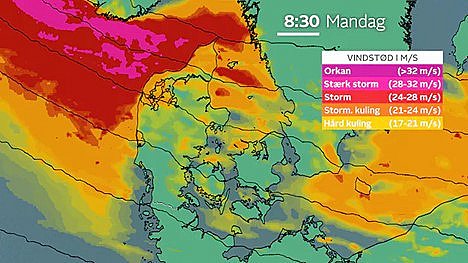 Vindstødsprognose juledag klokken 08.30.