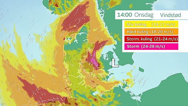 Klokken 14 har lavtrykket udviklet sig mere, og ifølge denne prognose vil vinden kulminere over det sydlige Kattegat og nordlige Storebælt, hvor middelvinden når hård kuling, og vindstødene når stormstyrke. Foto: TV 2 VEJRET