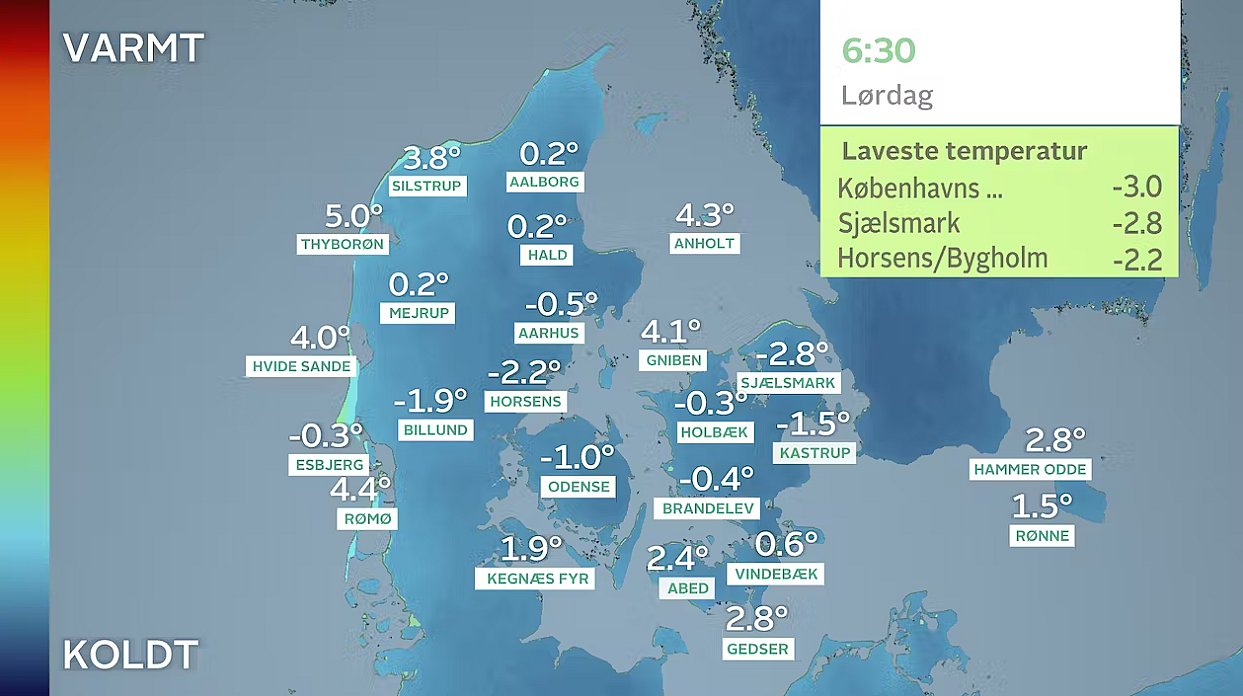 Minimumtemperaturer lørdag morgen klokken 06.30.