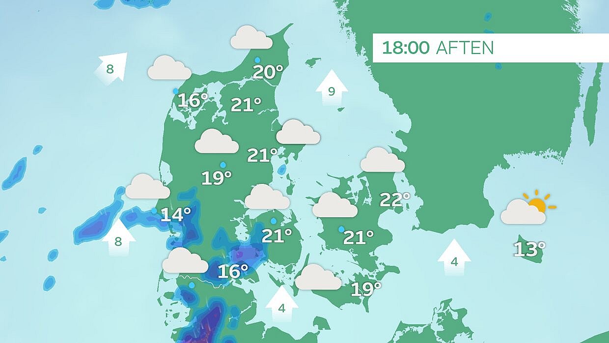 Fra sidst på eftermiddagen kan regn- og tordenbyger rammer den sydvestlige del af Danmark.