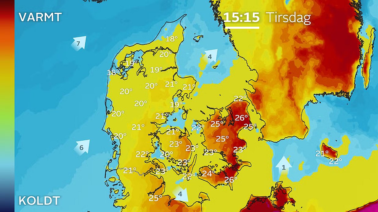 Temperaturprognose tirsdag klokken 15.15. Vejrmodel: IBM GRAF.