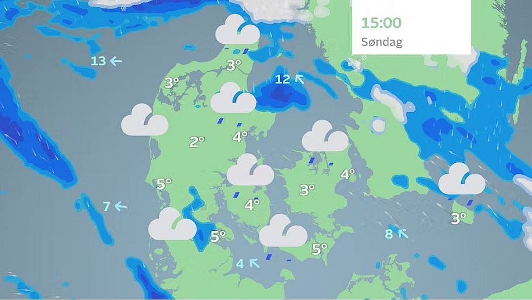 Prognose søndag eftermiddag. Gråvejrssøndag med lidt spredte regnbyger.