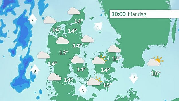 Prognose mandag formiddag. Tørvejr med lidt eller nogen over de østlige landsdele.