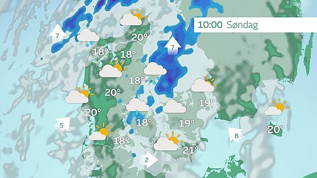 Prognose søndag formiddag. Mest tørt og kun få spredte byger