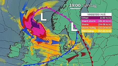 Vindstødsprognose juleaftensdag klokken 19.00.