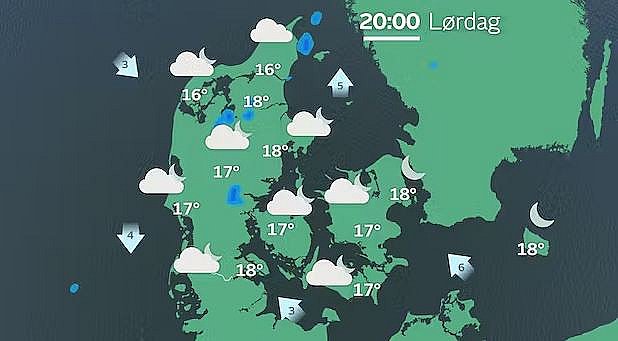 Prognose lørdag aften. Enkelte regnbyger kan forekomme i Jylland. Foto: TV 2 Vejret