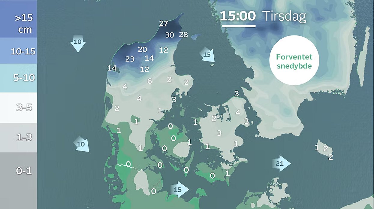 Akkumulerede snemængder. I Nordjylland kan der lokalt falde over 30 centimeter sne.