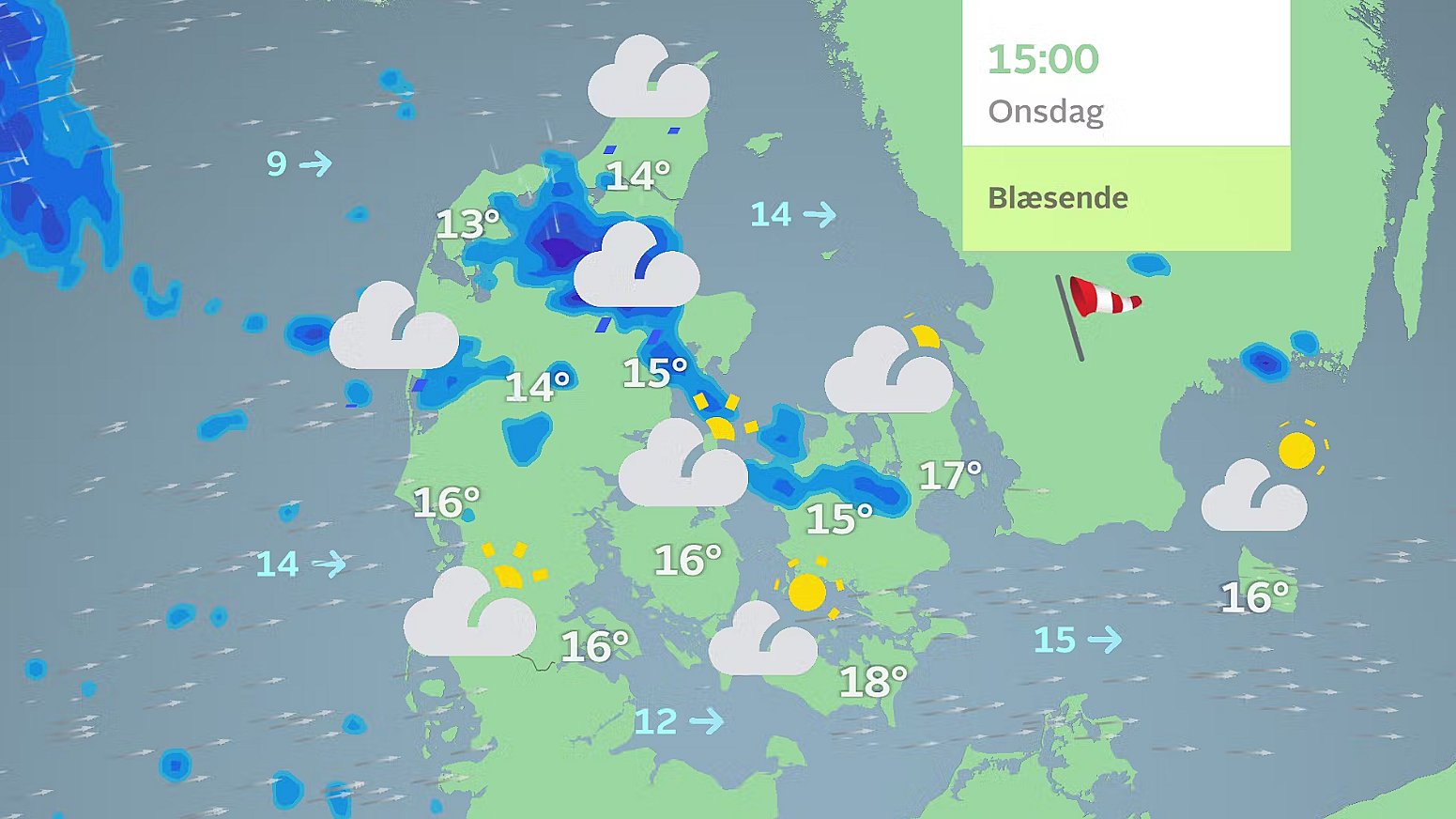 Prognose onsdag eftermiddag. Risiko for regnbyger i flere landsdele.