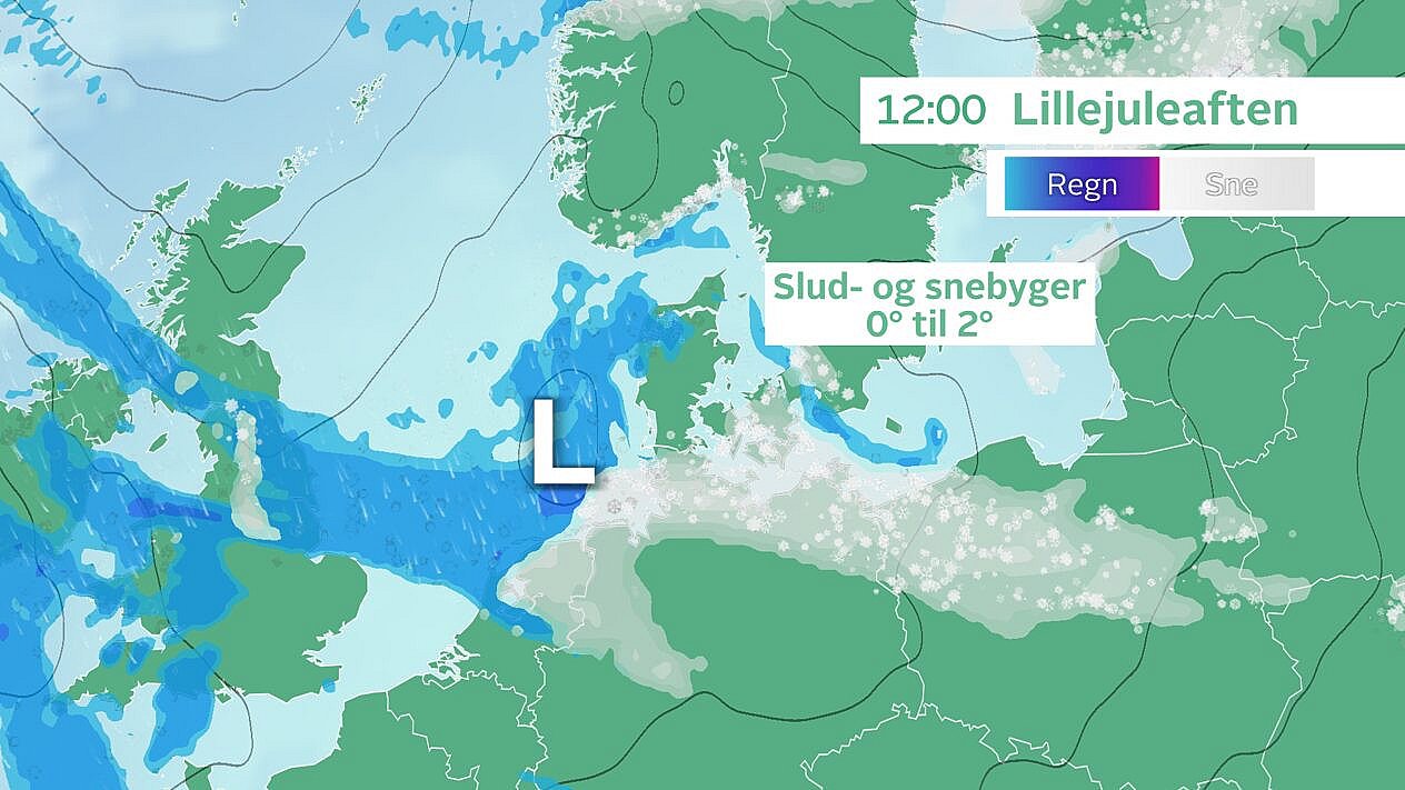 Prognose lillejuleaften. Endnu et lavtryk, der kan give båd slud og sne. Måske noget af sneen kan blive liggende indtil juleaften? Foto: TV 2 Vejret