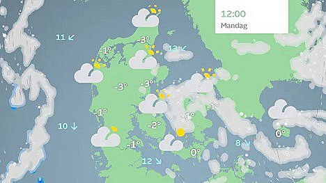 Prognose mandag. Koldt vinter over Danmark med spredte snebyger.