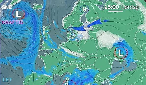 Kold luft fra Rusland sendes ned mod Danmark samtidig med, at et lavtryk dannes øst for landet. Det kan medføre nedbør af hvid karakter. Foto: TV 2 Vejret