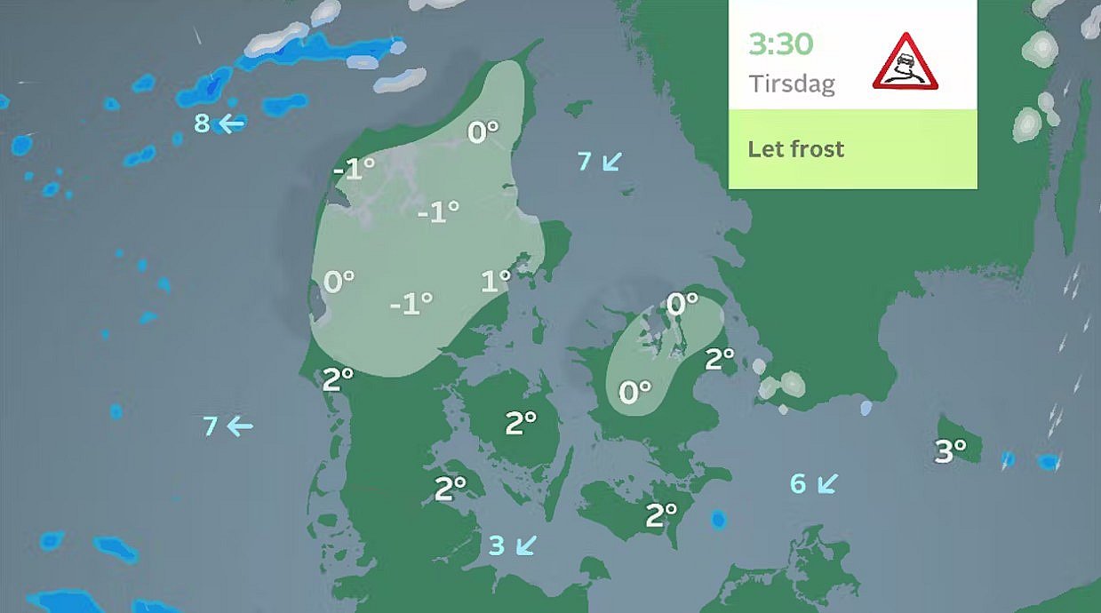 Temperaturen kan natten til tirsdag og tirsdag morgen komme ned omkring eller under frysepunktet, det vil især i Midt og Nordjylland og i Midt- og Nordsjælland give risiko for glatte veje.