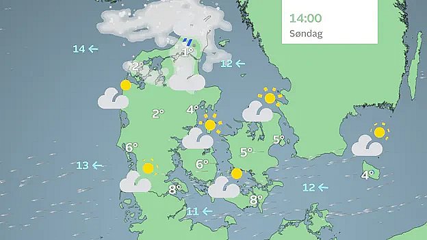 Prognose søndag eftermiddag. Snebyger nord for Limfjorden, mens der i resten af landet er udsigt til tørvejr og mulighed for solskin.