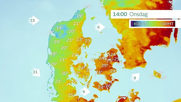 Temperaturprognose onsdag klokken 14.00. Foto: TV 2 Vejret