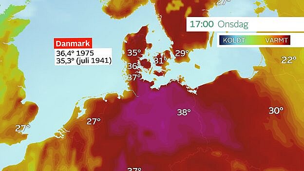 Den meget kraftige varme ligger lige syd for grænsen. De 35,3 grader er den hidtige rekord for juli.