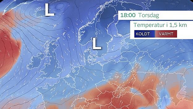 Prognose torsdag klokken 18. Et lavtryk lige nord for Danmark trækker koldere luft fra nordvest ned til Danmark. Foto: GRAFIK / TV 2 Vejret