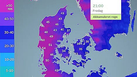 Akkumuleret nedbør frem til fredag klokken 21.00. Vejrmodel: ECMWF