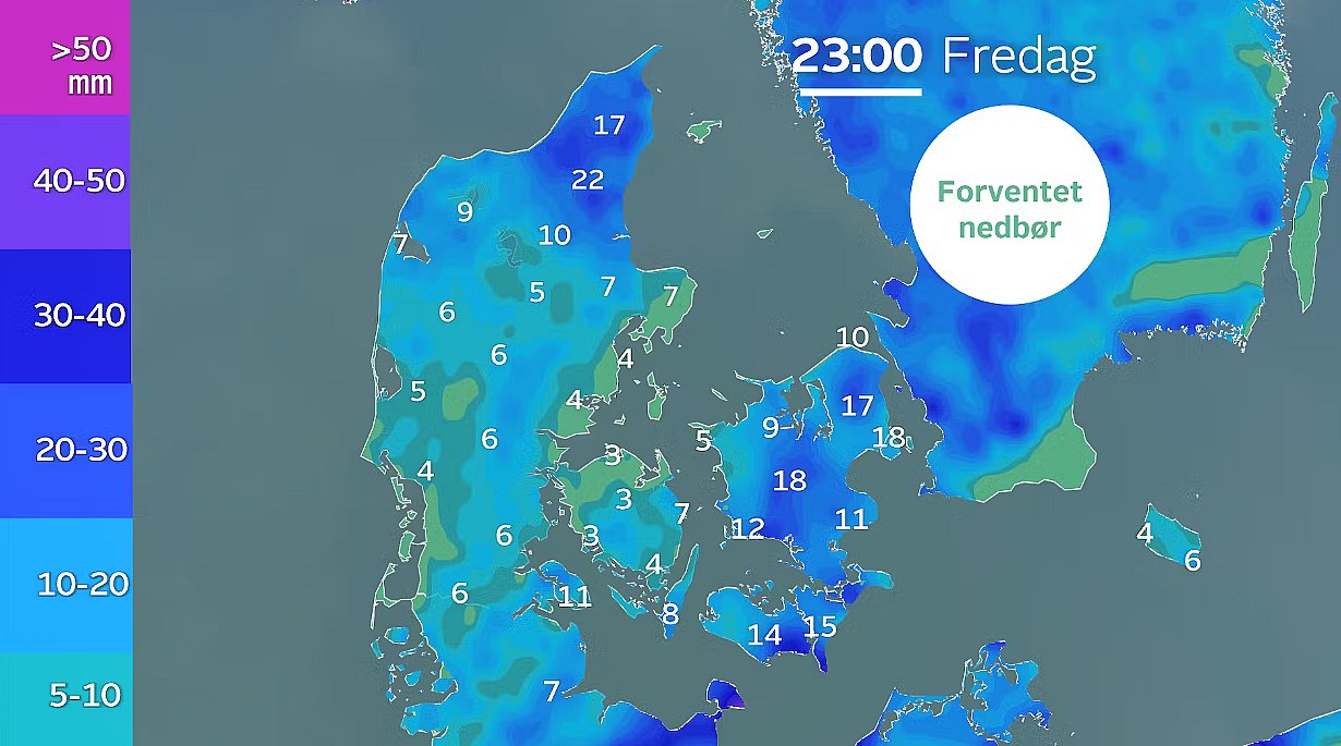 Akkumuleret nedbør frem til fredag klokken 23.00. Vejrmodel: ECMWF