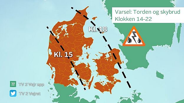 Varsling for torden og skybrud mellem klokken 14 og 22.