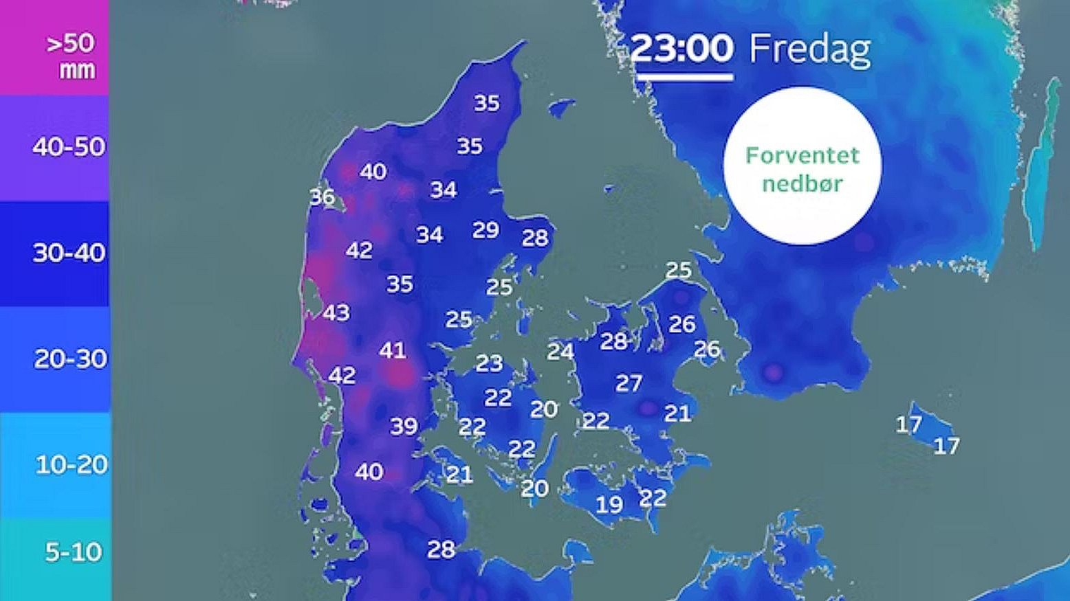 Akkumuleret nedbør til og med fredag. Lokalt over 40 millimeter regn.