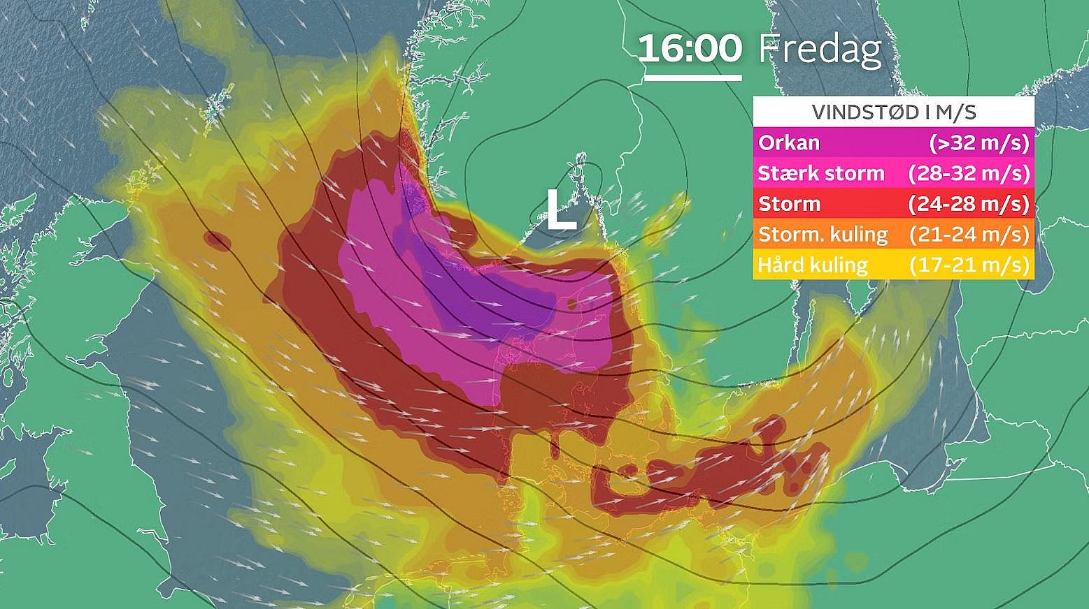 Vindstød fredag klokken 16, hvor der kan være vindstød af orkanstyrke i Nordvestjylland.