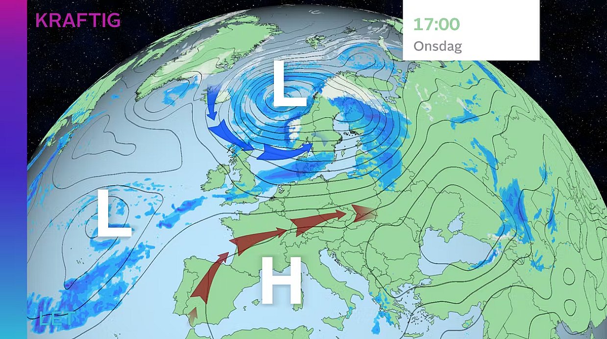 Vejrkort onsdag med front over Danmark. Lavtrykket med regn vest for Portugal ventes at ramme Danmark fredag.