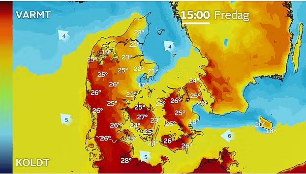 Temperaturprognose fredag klokken 15.00.