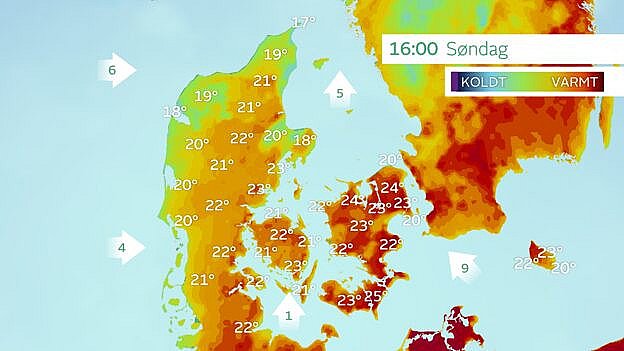 Prognose for temperaturen. Lokalt kan temperatuen ramme 25 graders varme søndag eftermiddag