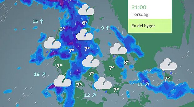 Prognose torsdag aften. Særligt mod vest en del regn.