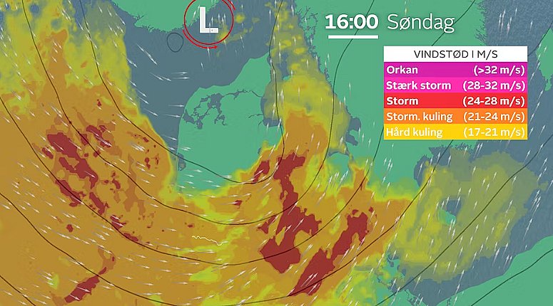 Prognose søndag eftermiddag. Over hele den sydlige del af landet er der risiko for vindstød af storm eller stærk storm.