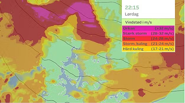 Vindprognose lørdag aften. Særligt blæsende bliver det i Nordjylland med vindstød op til stærk storm.