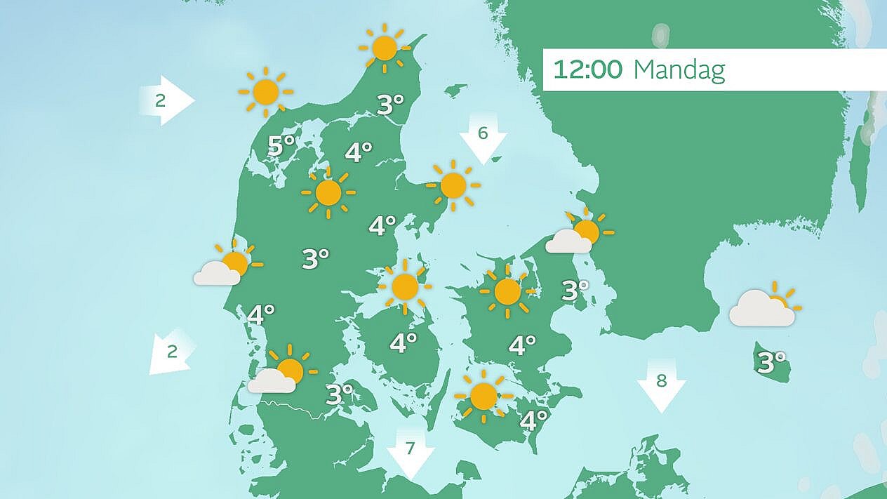 Prognose mandag. Solrigt vejr, men markant køligere end søndagens vejr. Foto: TV 2 Vejret
