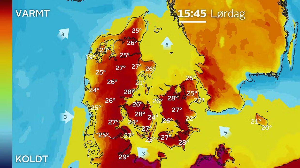 Temperaturprognose lørdag klokken 15.45. Vejrmodel: IBM GRAF.