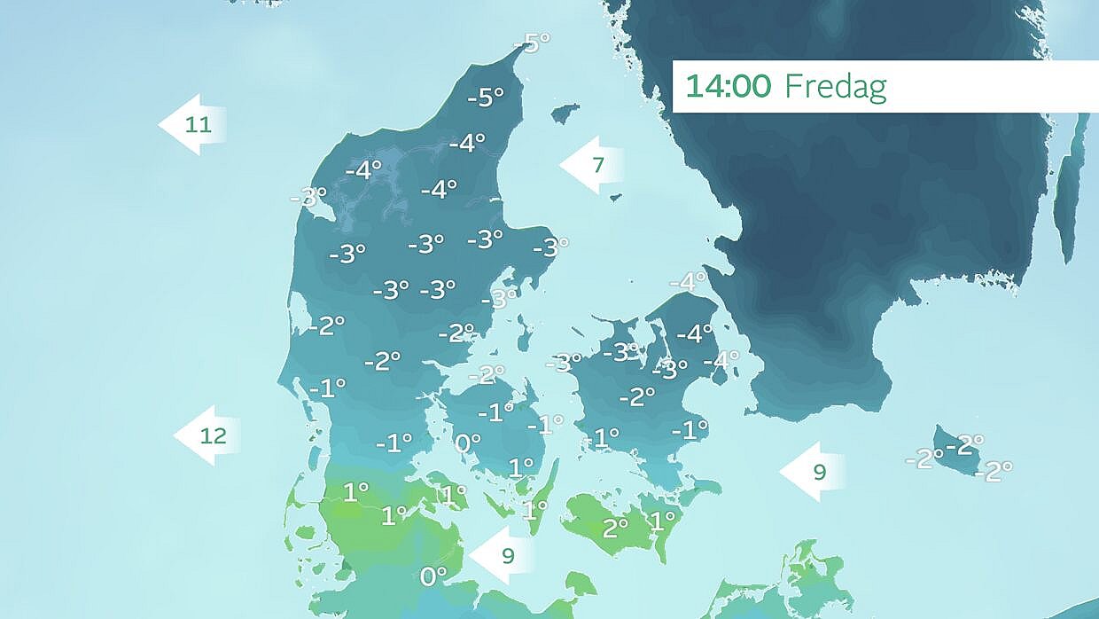 Højeste temperaturer fredag eftermiddag. Kun i den sydligste del af Danmark kan temperaturen nå over frysepunktet. Foto: TV 2 VEJRET