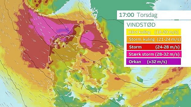 Omkring klokken 17 er stormen stærkest i det nordjyske med risiko for orkanstyrke i vindstødene.