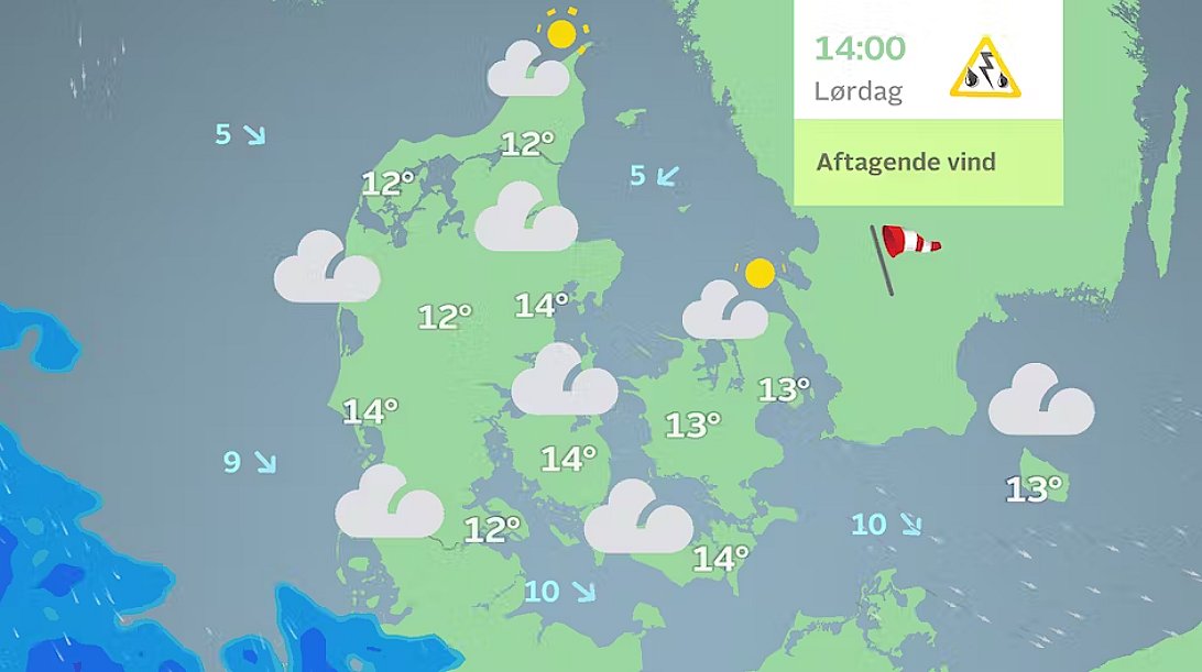 Prognose lørdag. Kun længst mod sydvest kan der forekomme regn.