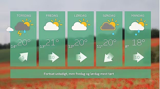 Femdøgnsskema fra 3. til 7. august. Fotsat ustadigt vejr en del af dagene.