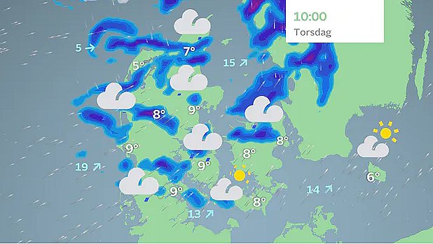 Prognose torsdag formiddag. Spredte byger, der kan være kraftige.