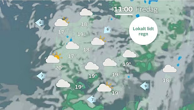 Vejrkort for fredag formiddag klokken 11.