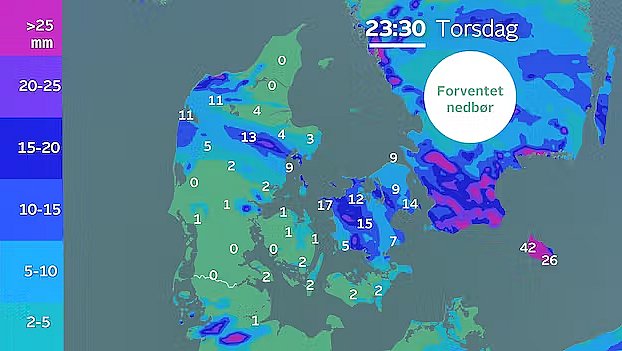 Akkumuleret regn. Stedvis op mellem 10 og 20 millimeter regn. På Bornholm kan der falde endnu mere.