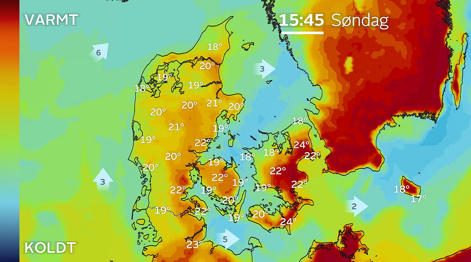 Temperaturprognose søndag klokken 15.45.