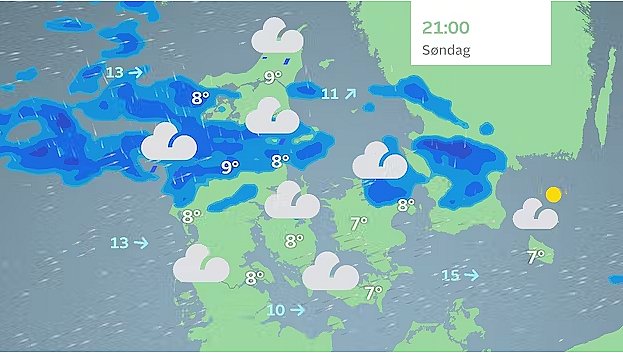 Prognose søndag klokken 21.00. Sol ikonet over Bornholm er en fejl, og bør vise en måne.