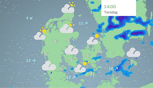 Prognose torsdag eftermiddag. Overvejende tørt med gode solchancer.