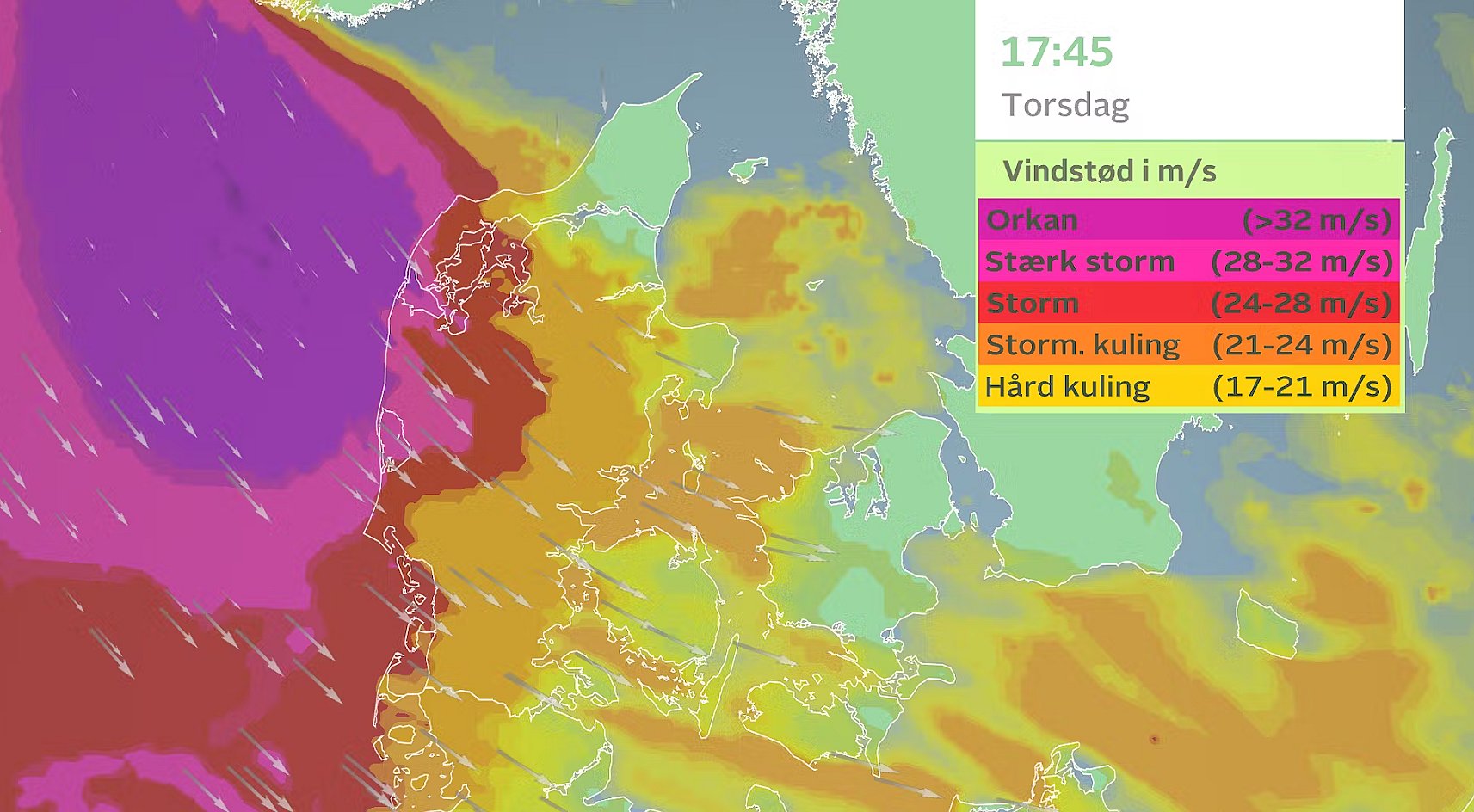 Stormen forventes at gå i land torsdag sidst på eftermiddagen.