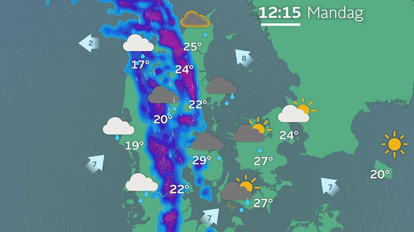 Prognose mandag klokken 12. Ved middagstid ligger tordenvejret ned gennem Jylland.