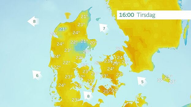 Forventede temperaturer tirsdag. Når det er varmest kan temperaturen nå 25-26 grader.