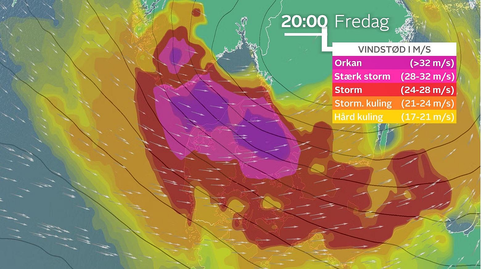 Vindstød fredag aften klokken 20. Stormen kulminerer over Nordjylland og Kattegat, og der er risiko for vindstød af stærk storm og orkan flere steder i den nord- og østlige del af landet.