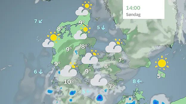 Prognose søndag eftermiddag. På Bornholm og i Nordvestjylland er der udsigt til en del sol. Længere mod syd kommer der flere skyer og måske en enkelt regnbyge.